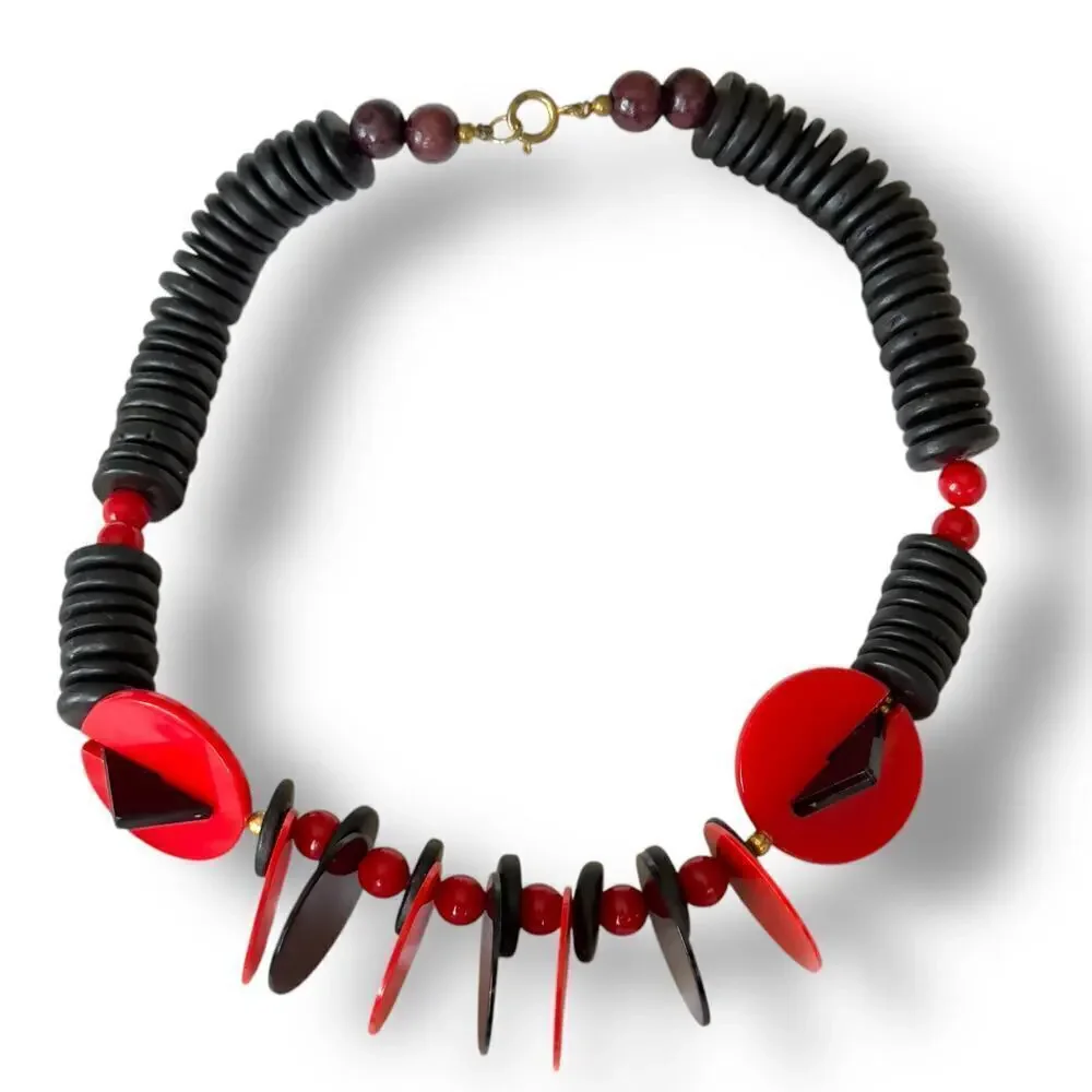 Vintage Geometric 80s Black & Red Acrylic 16” Wooden Disc Bead Choker Necklace
